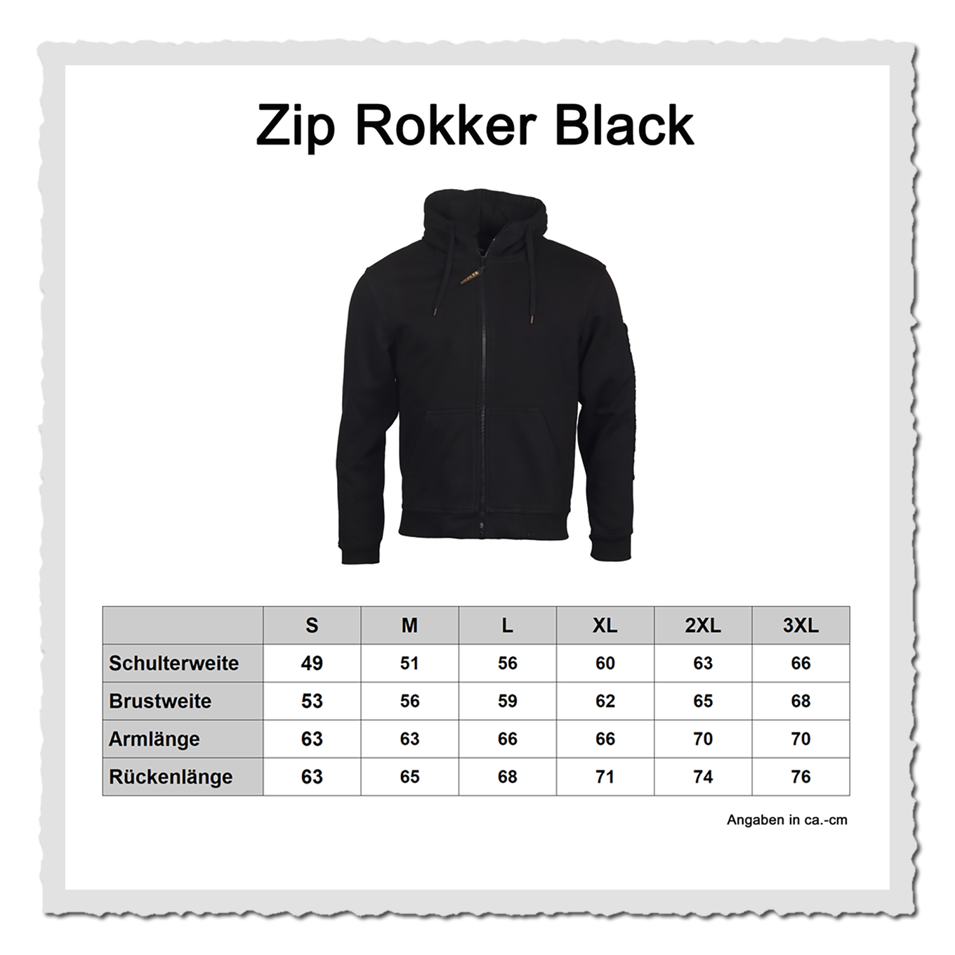 Produktgrafik eines schwarzen Zip Hoodies mit eingeblendeter Größentabelle auf hellem Hintergrund.